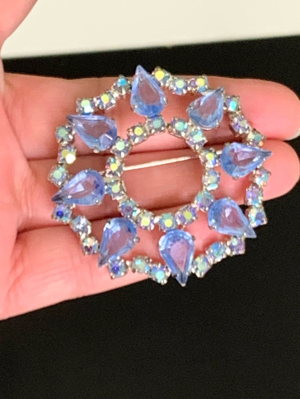 Vintage Aurora Borealis & Crystal Blue Pear Rhinestone Wreath Brooch